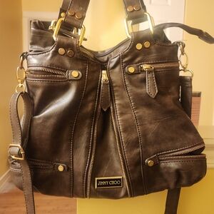Jimmy Choo Dark Brown Leather Shoulder Bag with Gold Hardware